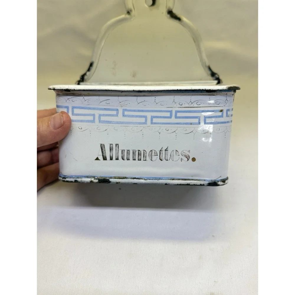French Enamelware Blue  and White  Allumettes Match Box & Enamel Scoop 1910-1930